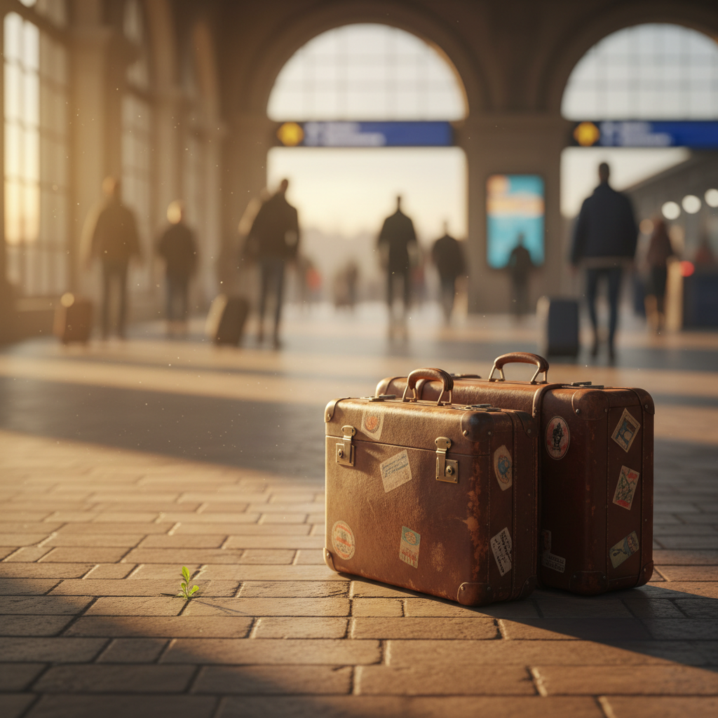 Two worn travel suitcases on a sunlit platform — a leap into a new life